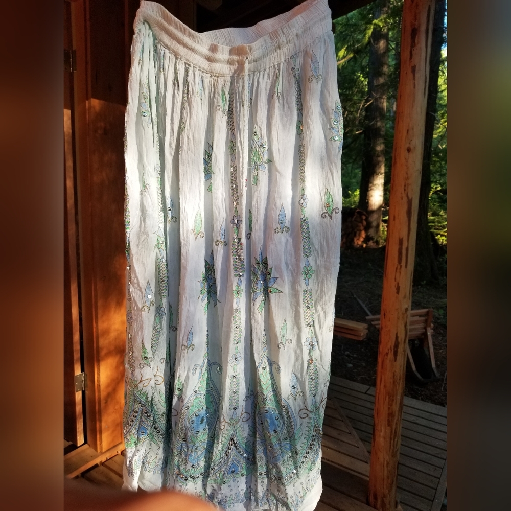 Long Skirt Rayon India White Light Blue Sequined Embroidered Beaded Pattern